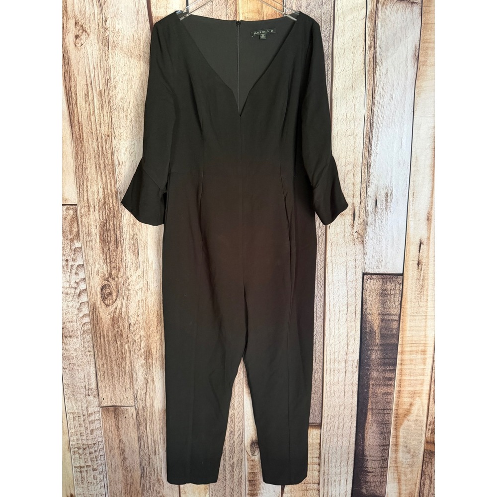 Black Halo Deep V Neck Bell Sleeve Jumpsuit Black Minimalist Versatile Size 14